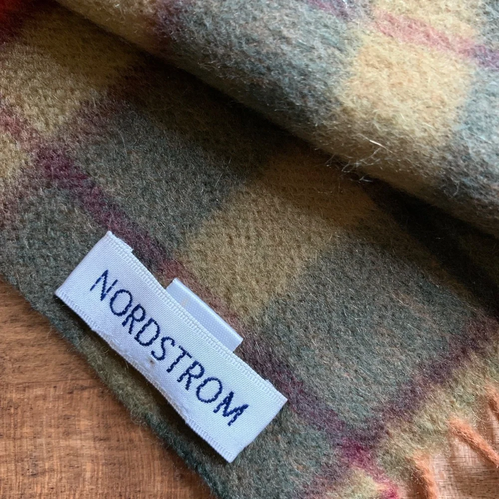 100% Cashmere Scarf Nordstrom Green Terra Cotta Plaid Fringe Unisex Vintage